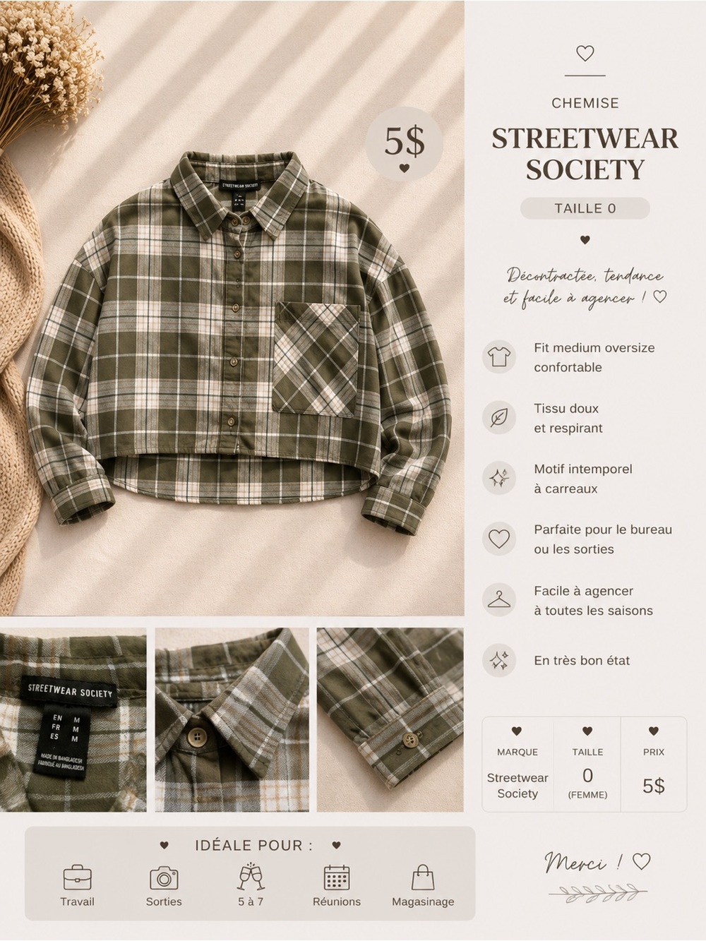 Streetwear Society Olive & White Plaid Cropped Button-Down Shirt